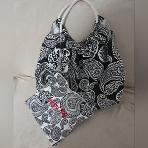 ECHO White & Black Double Strap Paisley Tote Bag W/bikini Bag.